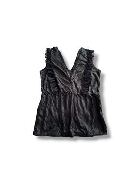 Vintage 80s Black Satin Jacquard Stripe Lace Ruffle Tank Top L Stroke Of Midnigh